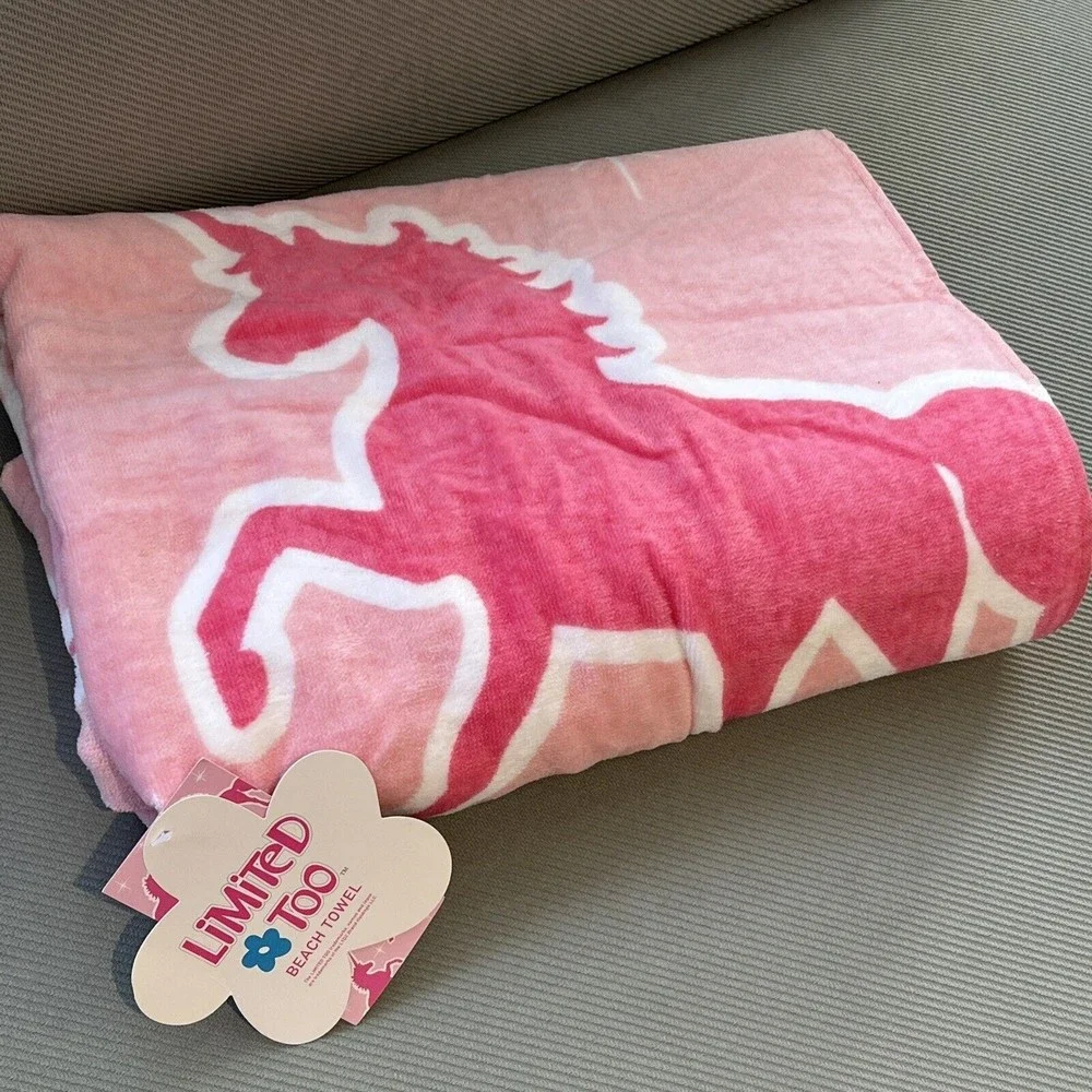LIMITED TOO Pink Unicorn Beach Towel Girls Cotton Dream Big Graphic Text New